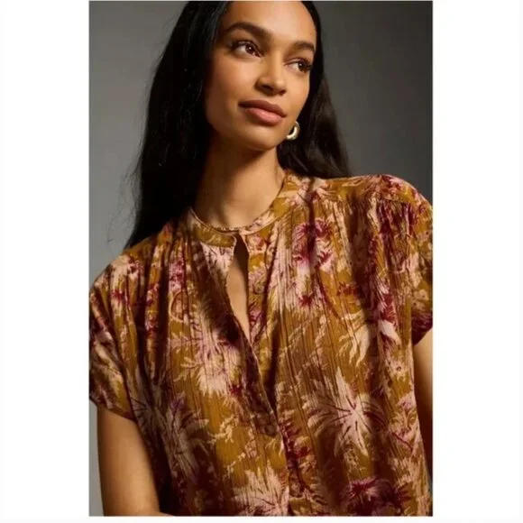 Anthropologie Pilcro Short Sleeve Batwing Buttoned Blouse Floral Flowy Size L/XL - Picture 2 of 10